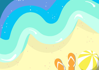 Top view of beach with sea surf, ball and flip flop in colorful color. Vector illustration background design for Summer.