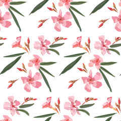 Pink oleander seamless pattern. Botanical illustration hand drawn. Vector floral design for fashion prints, scrapbook, wrapping paper.