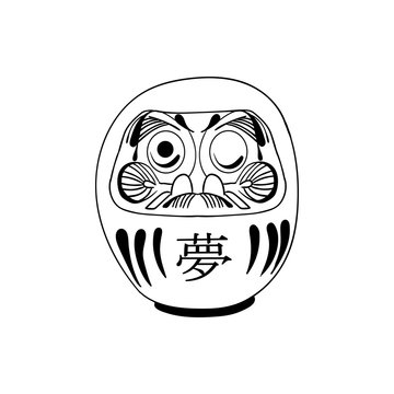 recommend clip art: VECTOR Japanese Daruma Doll, Make a Wish, Isolated on White Background Doodle Outline Illustration, Inscription in Japanese Means: Dream.
