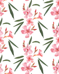 Pink oleander seamless pattern. Botanical illustration hand drawn. Vector floral design for fashion prints, scrapbook, wrapping paper.