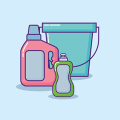 cleaning supplies design with bucket and cleaning bottles over blue background, colorful design. vector illustration