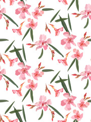 Pink oleander seamless pattern. Botanical illustration hand drawn. Vector floral design for fashion prints, scrapbook, wrapping paper.