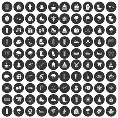 100 winter icons set in simple style white on black circle color isolated on white background vector illustration