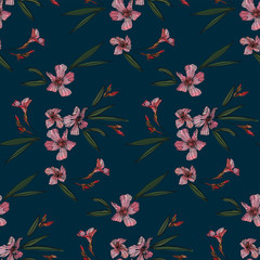 Pink oleander seamless pattern. Botanical illustration hand drawn. Vector floral design for fashion prints, scrapbook, wrapping paper.