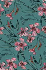 Fotobehang Pink oleander seamless pattern. Botanical illustration hand drawn. Vector floral design for fashion prints, scrapbook, wrapping paper. © Elena