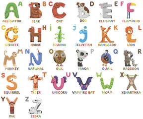 Zoo alphabet. Animal alphabet. Letters from A to Z. Cartoon cute animals isolated on white background - 201379505