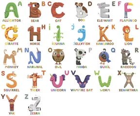 Fotobehang Alfabet Dierentuin alfabet. Dierlijk alfabet. Brieven van A tot Z. Cartoon schattige dieren geïsoleerd op een witte achtergrond