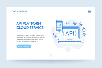 API platform illustration. Web banner. Blue flat line style. Home page concept. UI design mockup.