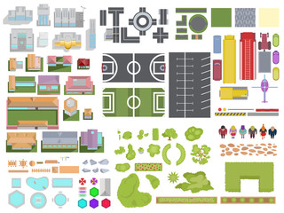 Landscape City elements set isolated on white background. City top view with buildings, trees, roads, cars, people, backyard elements, parking and stadiums. Vector landscape city view from above.