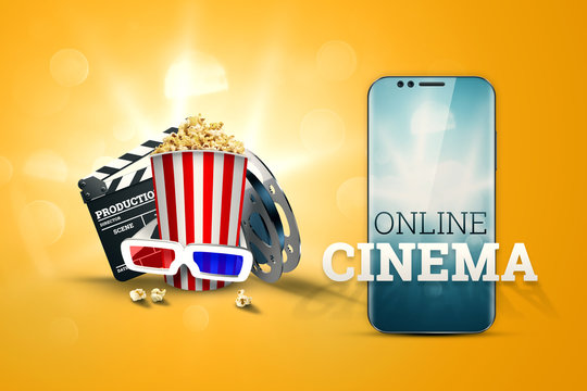 Online movies, cinemas, an image of popcorn, 3d glasses, a movie film and a blackboard on a yellow background. The concept of a cinema on the Internet, a mobile cinema, realistic illustration, 3d.