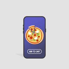 Food delivery. Ordering Pizza with a mobile phone. Top view. Flat editable vector illustration, clip art