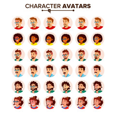 People Avatar Set Vector. Man, Woman. Circle Pictogram. Expressive Picture. Human Emotions. Stylish Image. Icon Placeholder. Casual Workman. Flat Cartoon Character Illustration