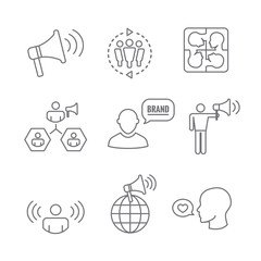 Spokesperson icon set - bullhorn, coordination, pr, and public relations person set