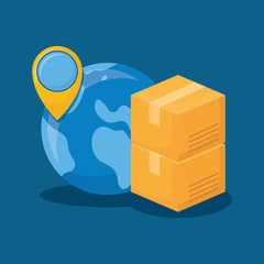 earth planet and carton boxes  over blue background, colorful design. vector illustration