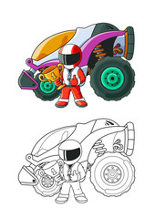 Champion Racer with a Golden Cup and His Racing Car. Coloring Book. Colored Version and Line Art.