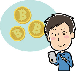 ビットコインと男性のイラスト素材
