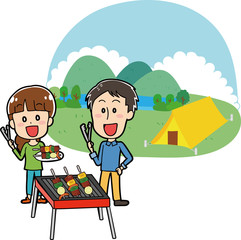 キャンプ場でバーベキューをする夫婦のイラスト素材