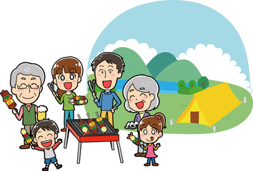 キャンプ場でバーベキューをする家族のイラスト素材
