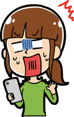スマホを見てショックを受ける女性のイラスト