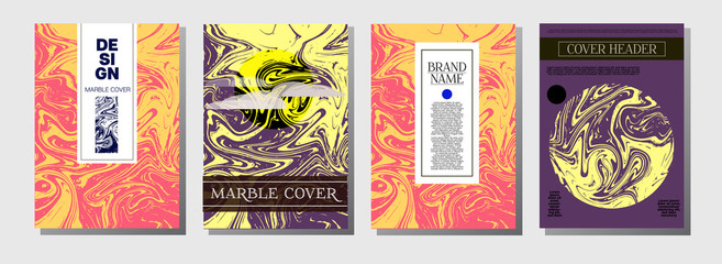 Cool Marble Ink Texture Cover Set. Ebru Liquid Paint A4 Vector Amazing Paper Texture. Purple, Green, Orange, Blue, Yellow Ink Splash Background. VIP Corporate Identity Marble Ink Texture Cover