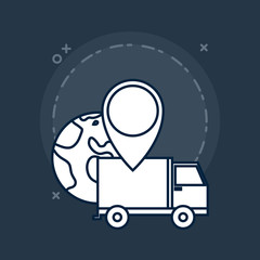 cargo truck and location pin over blue background, colorful design. shopping concept, vector illustration