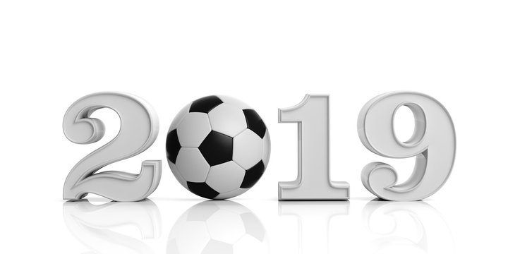 Soccer, football, 2019. New year 2019 with soccer ball isolated on white background. 3d illustration