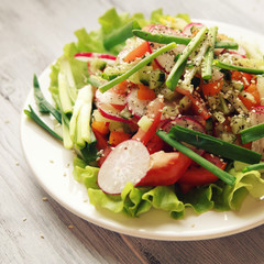 Spring Vegetable Salad on the white plate. Radish, tomato, celery and cucumber. Topped with sesame seeds. Vegetarian dish on the white wooden table. Close up. Toned photo.