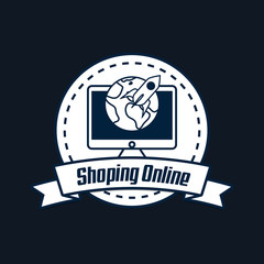 emblem of Shopping online concept with computer with earth planet over blue background, vector illustration 