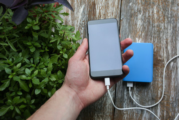 Man is holding in hand black smartphone with white usb and blue power bank. Modern, information technology photo near the green home plant with leaves texture. Old vintage wooden background.