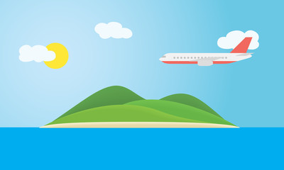 Tropical island with green hills, in the sea under a blue sky with clouds, sun and flying plane