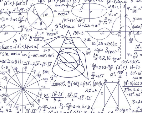 Hand drawn scientific mathematical vector seamless pattern with handwritten algebra formulas, equations and geometry figures on white paper