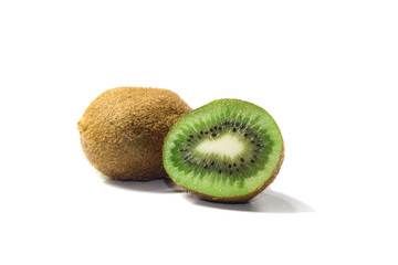  Kiwi Fruit With brown shells And green flesh, black seeds, white background