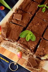Brownie square pieces covered with cacao powder
