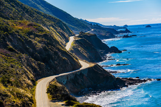 Coastline Panorama - Pacific Valley, California, February 21, 2018:  Highway 1 coursing along the Caliornia coastline.