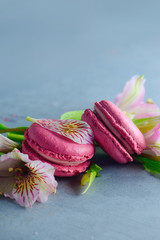 Pink macaroons decorated with pink and white alstroemeria flowers. Romantic French dessert on stone background with copy space.