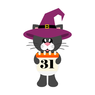 cartoon cute cat black with tie in hat and halloween calendar