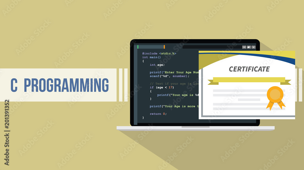 Poster c programming language with certificate paper with laptop