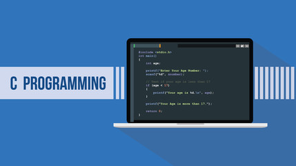 c programming language with script sample and laptop
