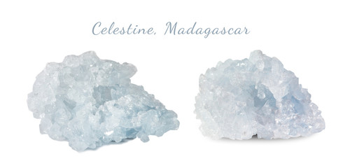 Macro shooting of natural gemstone. The raw mineral is Celestine, Madagascar. Isolated object on a white background.