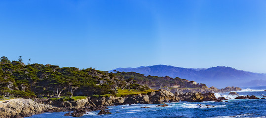 Sunset Point - Pebble Beach, California, February 17, 2018: Beautiful sea and rocky point vista...