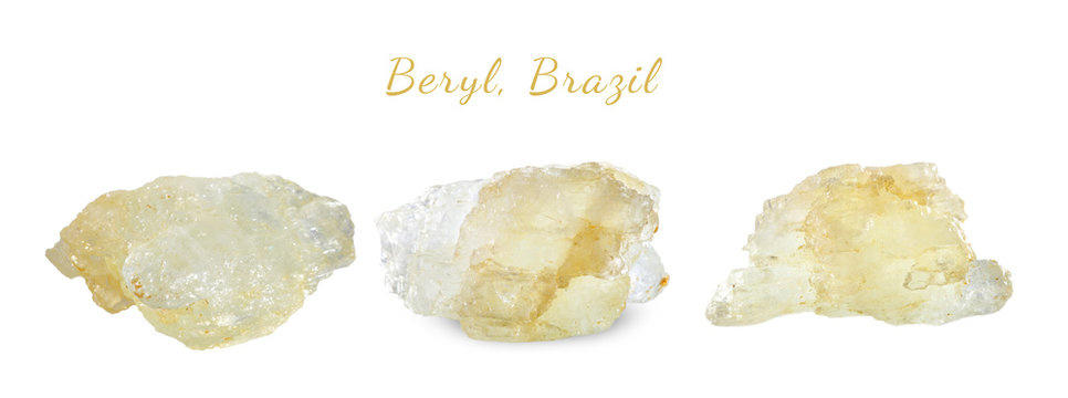 Macro shooting of natural gemstone. The raw mineral beryl, Brazil. Isolated object on a white background.