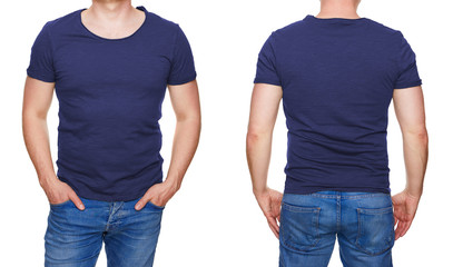 T-shirt design - man in blank dark blue tshirt front and rear isolated on white