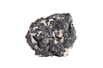 Macro shooting of natural gemstone. Raw mineral black tourmaline, Madagascar. Isolated object on a white background.