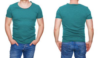 T-shirt design - man in blank turquoise tshirt front and rear isolated on white