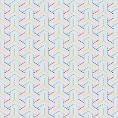 Colorful japanese quilling. Bishamon-Kikko Sashiko motif. Seamless pattern. Abstract backdrop. Geometric background. Needlework texture. Pattern fills. For decoration or printing on fabric.