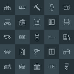 Modern Simple Set of industry, buildings, furniture Vector outline Icons. ..Contains such Icons as house,  court,  abstract,  plant, bedroom and more on dark background. Fully Editable. Pixel Perfect.