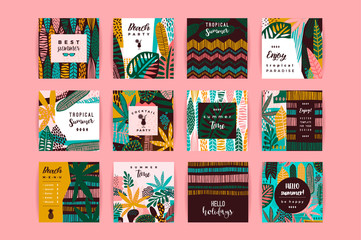 Set of abstract creative templates with tropical leaves.