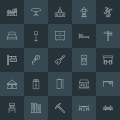 Modern Simple Set of industry, buildings, furniture Vector outline Icons. ..Contains such Icons as  dining,  conference, factory,  tool and more on dark background. Fully Editable. Pixel Perfect.