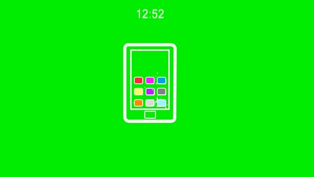 on a green background the smartphone turns, stops,there are buttons, time and a saver.