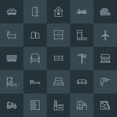 Modern Simple Set of industry, buildings, furniture Vector outline Icons. ..Contains such Icons as  bridge,  wardrobe, drill,  transport and more on dark background. Fully Editable. Pixel Perfect.